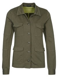 Olive green jacket made of textured fabric, featuring a buttoned front, two chest pockets, and long sleeves. Simple collared design.