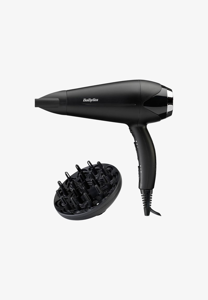 Black BaByliss hairdryer with nozzle attachment and black diffuser with prongs on a white background.