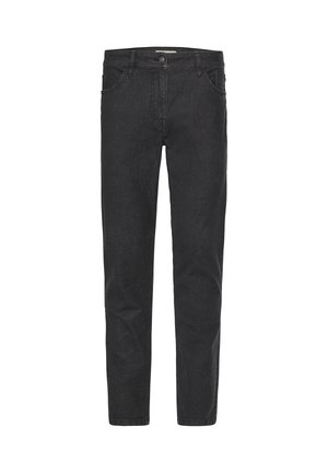 Black denim jeans with a straight fit, five pockets, a button closure, and a smooth texture. Stitching details are minimal.