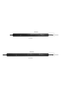 Nastavitelná černá kovová tyč se dvěma délkami (810 mm a 1020 mm), šířka 66 mm, vybavená montážními otvory a plochým designem.