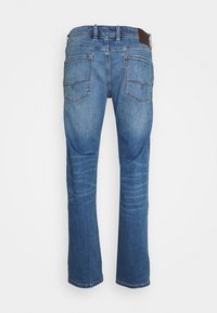 Blue denim jeans with a straight fit, featuring a flat waistband, two back pockets, and light distressed texture.