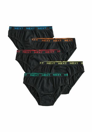 Cztery pary czarnych majtek z elastycznymi paskami w kontrastowych kolorach z napisem "NEXT" w odcieniach niebieskiego, pomarańczowego, czerwonego i zielonego. Miękki materiał, klasyczny design.
