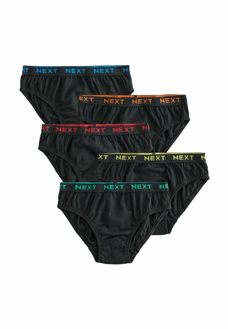 Patru perechi de chiloți negri, cu talie elastică și inscripția "NEXT" în culori contrastante: albastru, portocaliu, roșu și verde. Material moale, design clasic.