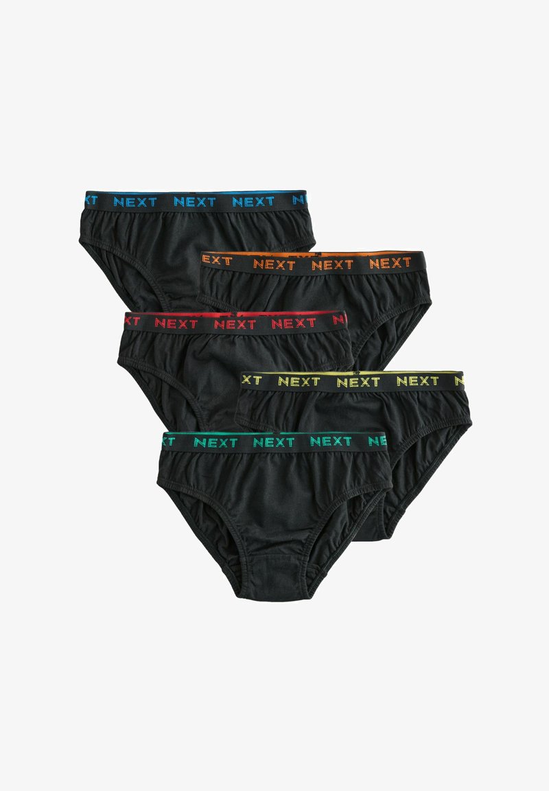 Négy pár fekete alsónemű, elasztikus derékpánttal, kontrasztos színű "NEXT" felirattal kék, narancssárga, piros és zöld színben. Puha anyag, klasszikus dizájn.