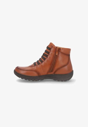 Botas de tobillo de cuero marrón con cordones elásticos y cremallera lateral, punta redonda, suela de goma gruesa, con un acabado texturizado y suave.