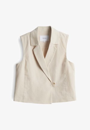Blazer beige senza maniche con colletto a risvolto, chiusura a un bottone e tessuto texturizzato. L'etichetta riporta "OPUS."