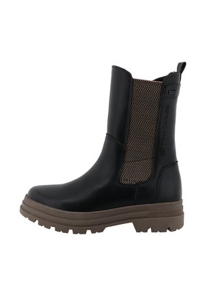 Bottine noire en cuir avec panneau latéral élastique marron, semelle épaisse marron à crampons et languette à l'arrière.