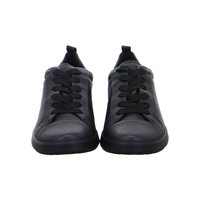 Paar schwarze Ledersneaker mit schwarzen Schnürsenkeln, von vorne auf weißem Hintergrund gesehen.