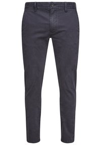 Pantalon décontracté gris foncé pour homme, coupe slim, avec fermeture à bouton et à glissière à l'avant, passants pour ceinture et poches latérales.