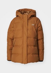 Brown puffer jacket with a quilted design, hood, and zipper, featuring an embroidered logo on the chest and elastic cuffs.