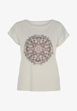 T-shirt beige clair à manches courtes avec un imprimé mandala floral central en rose et noir. Tissu doux avec une coupe décontractée et un col rond.