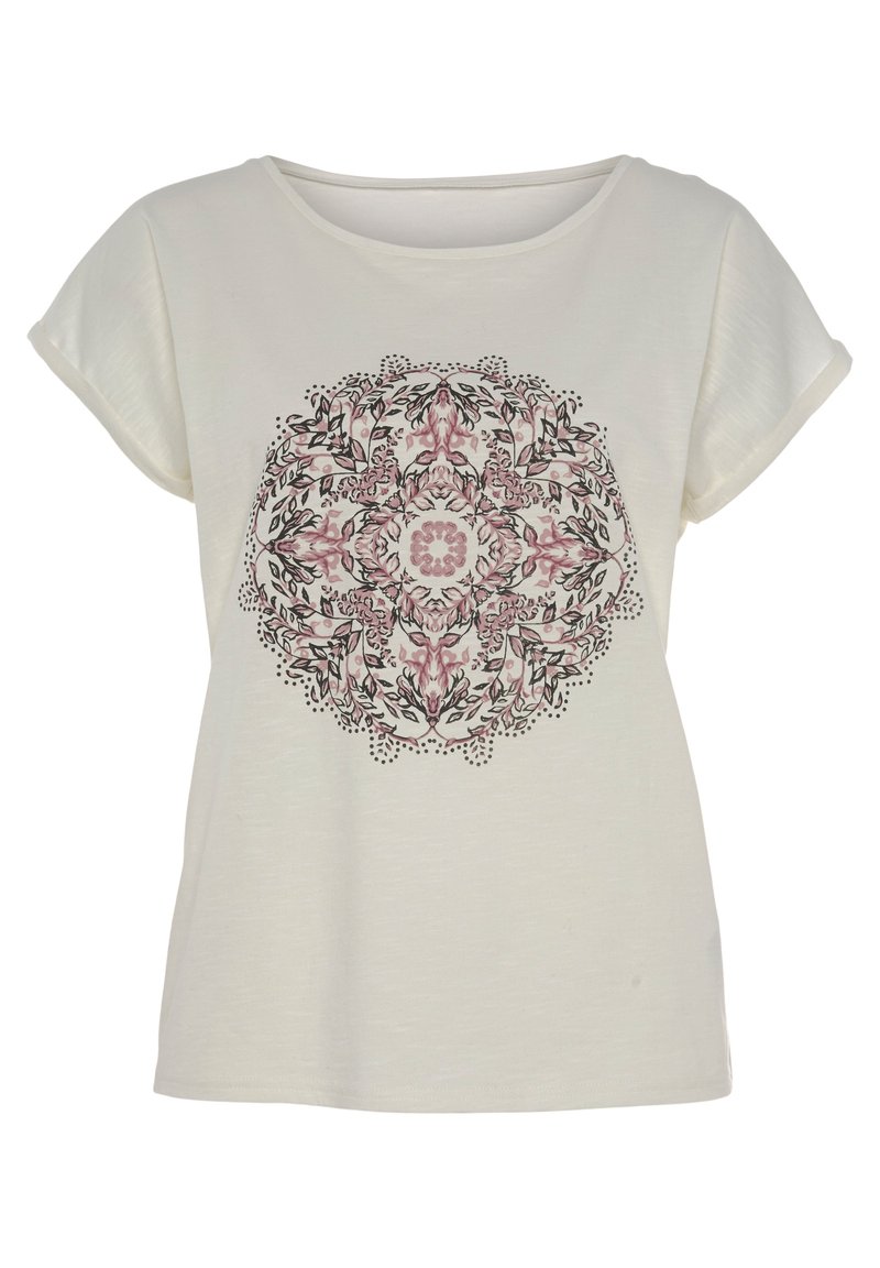 Camiseta de manga corta de color beige claro con un estampado central de mandala floral en rosa y negro. Tejido suave con un corte holgado y escote redondo.