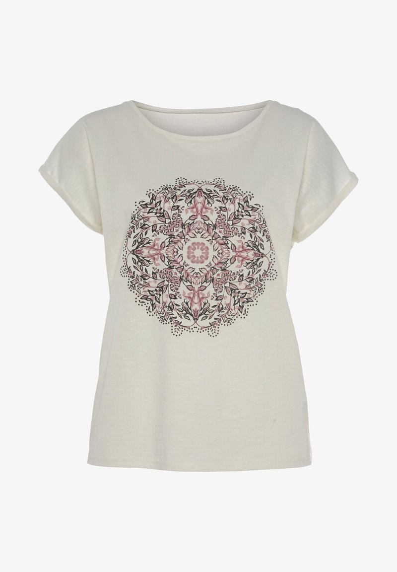 Camiseta de manga corta de color beige claro con un estampado central de mandala floral en rosa y negro. Tejido suave con un corte holgado y escote redondo.