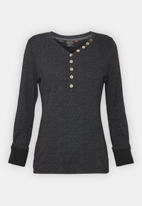 Schwarzes Langarmhemd mit geometrischem Muster, V-Ausschnitt, Akzenten aus Holzknöpfen und kontrastierenden schwarzen Bündchen an den Handgelenken.