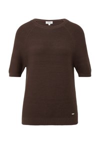 Pull-over marron à manches courtes avec un motif tricoté texturé, encolure ronde et un petit logo près de l'ourlet.