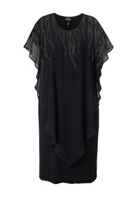 Robe noire avec des manches en cape transparentes et flottantes ; présente des embellissements scintillants dans un motif ondulé sur le corsage ; texture lisse.