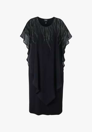 Vestido negro con mangas de capa transparentes y flotantes; presenta embellishments brillantes en un patrón ondulado en el corsé; textura suave.