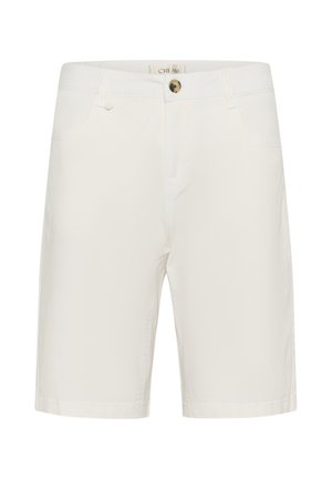 Cremefarbene, maßgeschneiderte Shorts mit Knöpfen vorne und Gürtelschlaufen, knielang, entworfen für eine saubere, klassische Passform.