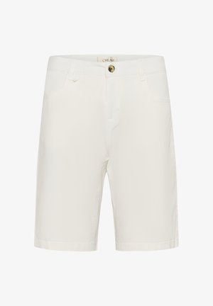 Krém színű, szabott rövidnadrág gombos elülső résszel és övhurkokkal, térd alá érő, tiszta, klasszikus szabásban.