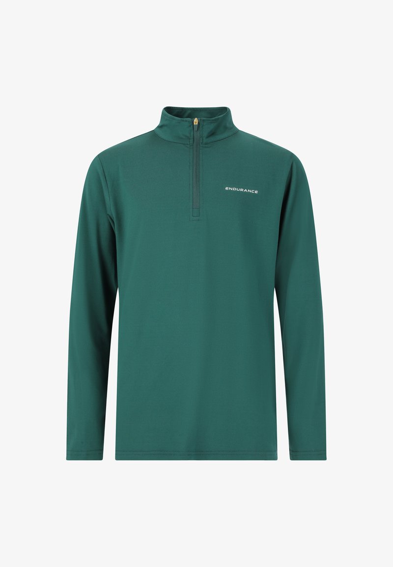 Långärmad tröja med dragkedja i mörkgrön. Tillverkad av mjukt, stretchigt tyg med en andningsbar yta. Har en diskret logotyp på bröstet.