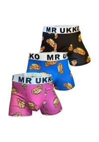Tre par herrboxershorts med ett kakmönster. Färgerna inkluderar rosa, blå och svart. Alla har en vit midja med "MR UKKO."