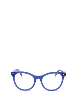 Montature rotonde per occhiali blu con lenti trasparenti e piccoli dettagli a forma di cuore rosa vicino alle cerniere, su sfondo bianco.