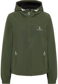 Olivengrøn softshell-jakke med hætte, frontlynlås, to sidelommer, elastiske manchetter og et diskret logo på brystet.