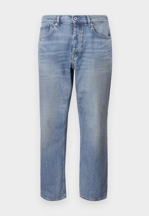 Light blue denim jeans with a straight cut, five-pocket design, visible stitching, and a button closure at the waist.