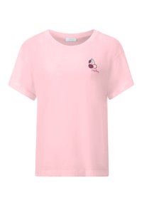 Lyserød bomulds T-shirt med korte ærmer, der har et broderet kirsebærdesign og teksten "Young Bunny" på venstre brystområde.