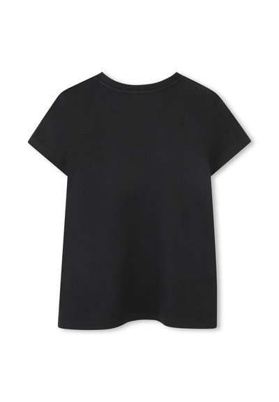 Black short-sleeve t-shirt made from cotton with a round neckline. Smooth texture and a loose fit with a straight hemline at the bottom.