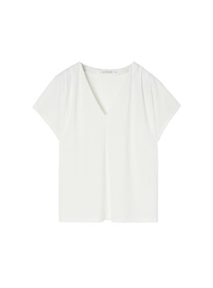 White short-sleeve blouse with a V-neckline. Made of smooth fabric, featuring a relaxed fit and minimal design, no visible patterns or accents.