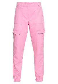 Różowe spodnie cargo z dopasowanym talią, elastycznymi mankietami, dwoma przednimi kieszeniami i dwiema bocznymi kieszeniami. Wykonane z gładkiego materiału o dopasowanym kroju.