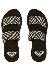 Sandale negre tip flip-flop cu bretele împletite negre și albe, talpă texturată și logo alb pe talpă. Design cu vârful deschis.