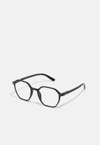 Lunettes noires en plastique avec une monture octogonale, dotées de verres transparents et d'accents en métal argenté à l'avant et sur la branche.