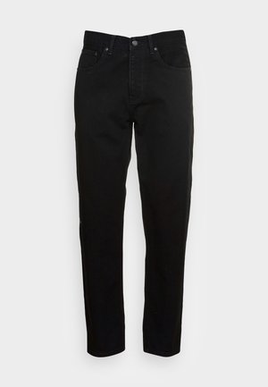 Zwarte denim jeans met een rechte pasvorm, voorzien van een knoopsluiting, vijf zakken en contrasterende stiksels. Gladde textuur en klassiek design.