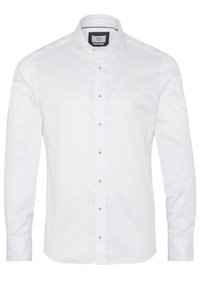 Camicia bianca a maniche lunghe con bottoni, in cotone, colletto classico, con bottoni sottili e una texture liscia. Design elegante e su misura.