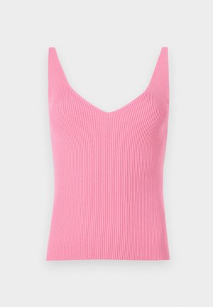 Fitted pink ribbed tank top with a deep V-neck, thick shoulder straps, and a smooth texture. Suitable for layering or standalone wear.