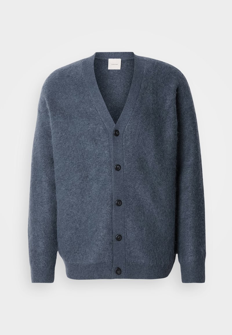 Gray wool cardigan with a v-neck, long sleeves, five black buttons down the front, and a soft, textured finish.