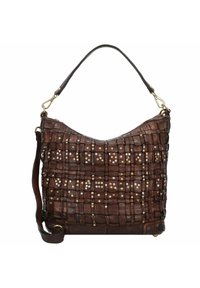 Borsa a mano in pelle intrecciata marrone con parte superiore curva, dotata di borchie metalliche e di una sola tracolla. Superficie testurizzata con dettagli intricati.
