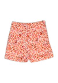 Pantaloni shorts floreali con uno sfondo rosa chiaro e motivi di fiori arancioni e rossi. Realizzati in un tessuto leggero con una cintura elastica.