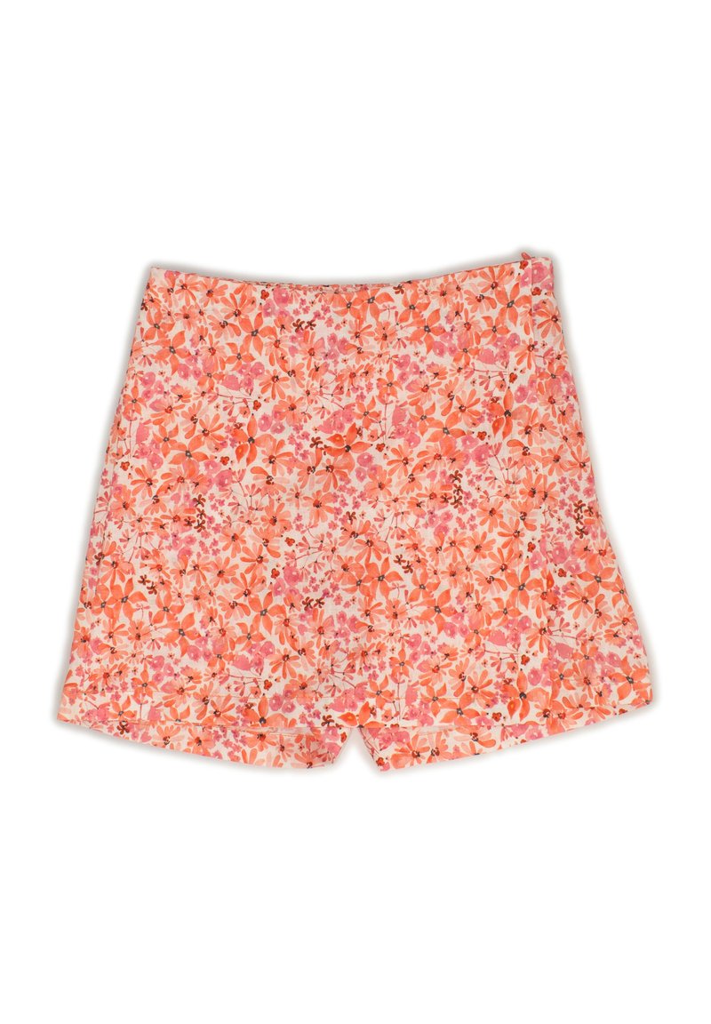 Pantaloni shorts floreali con uno sfondo rosa chiaro e motivi di fiori arancioni e rossi. Realizzati in un tessuto leggero con una cintura elastica.