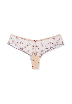 Lace panties in beige with floral embroidery in burgundy and pink. Features scalloped edges and a small central bow detail.