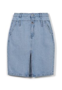 Jupe en denim bleu clair, avec une taille haute, deux poches avant, une fente centrale et des détails de couture le long de l'ourlet.