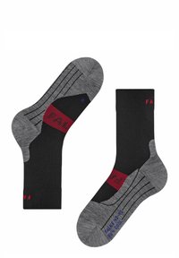Schwarze und graue Socken mit verstärkter Ferse, Fußgewölbeunterstützung und gerippter Textur. Rote Akzente zeigen die Größe und die Position des rechten Fußes an.