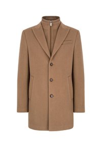 Brązowy wełniany płaszcz z wysokim kołnierzem, dwiema przednimi kieszeniami, trzema guzikami i smukłym, dopasowanym krojem.