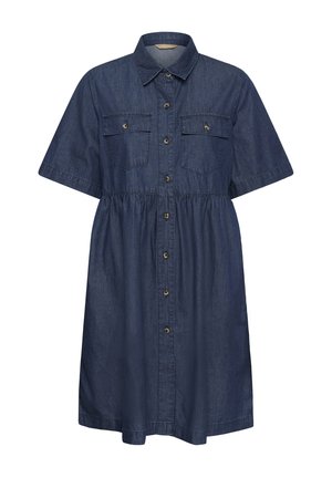Vestido camisa de mezclilla azul oscuro de manga corta, con cierre de botones al frente, cuello y dos bolsillos de solapa en el pecho.