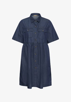 Vestito camicia in denim blu scuro a maniche corte con chiusura frontale con bottoni, colletto e due tasche con aletta sul petto.