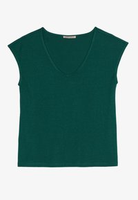 T-shirt verde a maniche corte con scollatura a V, caratterizzato da una texture liscia e un taglio semplice e privo di decorazioni. Realizzato in tessuto morbido.
