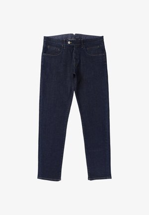Tmavomodré džínsy z denimu s priamym strihom, piatimi vreckami, zipsovým a gombíkovým zapínaním a jemnými švovými detailmi. Hladká textúra.