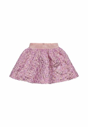 Rosa metallisk kjol med en texturerad yta, har en samlad form och en slät midja. Längden är över mittlåret.